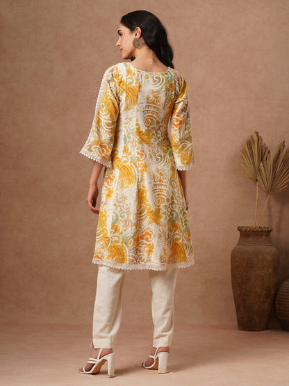 Abstract Printed & Embroidered A-Line Paneled Cotton Flax Kurta with Pant - Multi