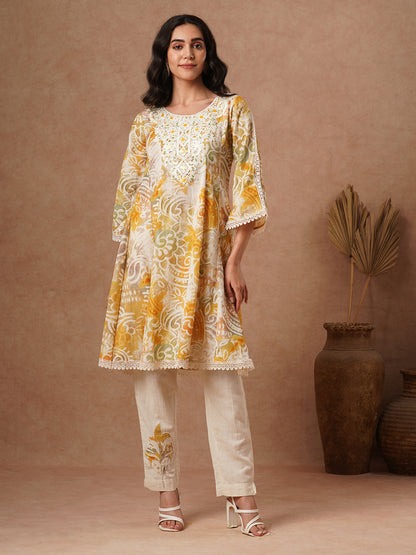 Abstract Printed & Embroidered A-Line Paneled Cotton Flax Kurta with Pant - Multi