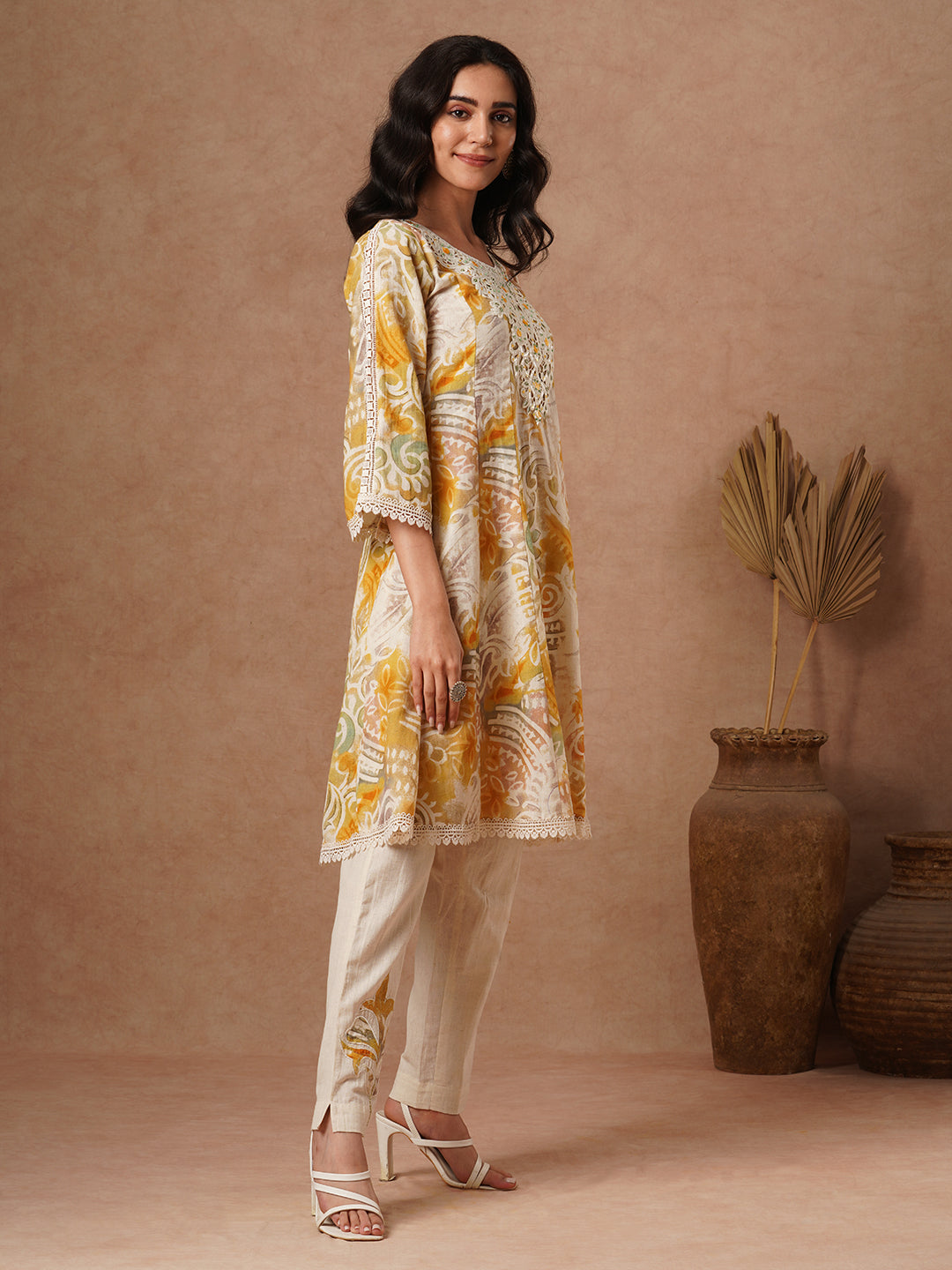 Abstract Printed & Embroidered A-Line Paneled Cotton Flax Kurta with Pant - Multi