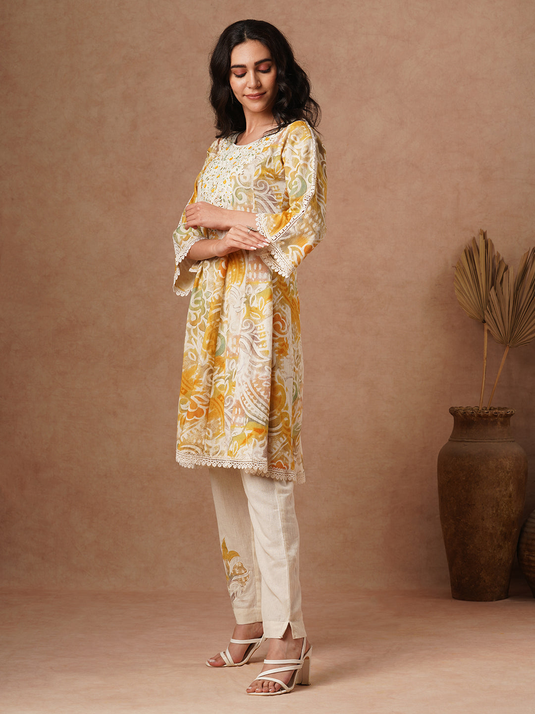 Abstract Printed & Embroidered A-Line Paneled Cotton Flax Kurta with Pant - Multi