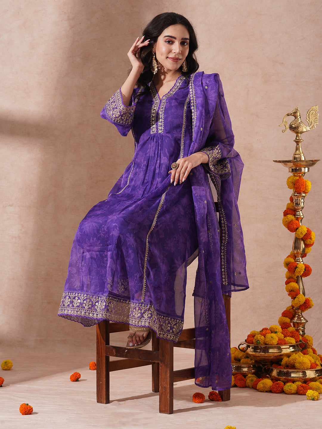 Abstract Floral Printed Embroidered A-Line Kurta with Pant and Dupatta - Purple