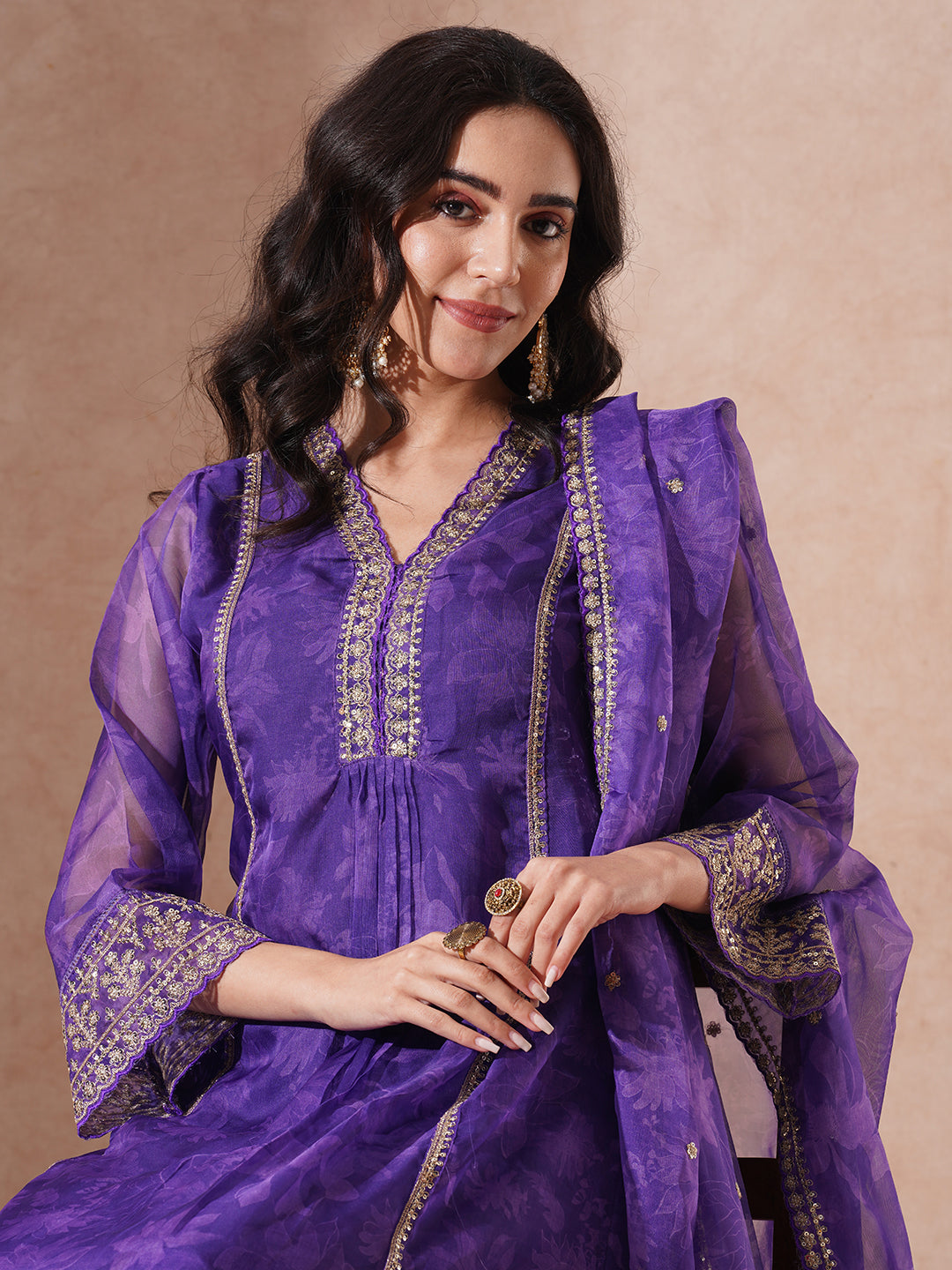 Abstract Floral Printed Embroidered A-Line Kurta with Pant and Dupatta - Purple