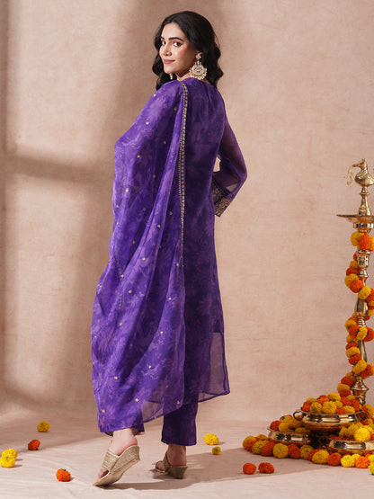 Abstract Floral Printed Embroidered A-Line Kurta with Pant and Dupatta - Purple