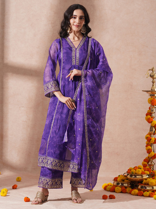 Abstract Floral Printed Embroidered A-Line Kurta with Pant and Dupatta - Purple