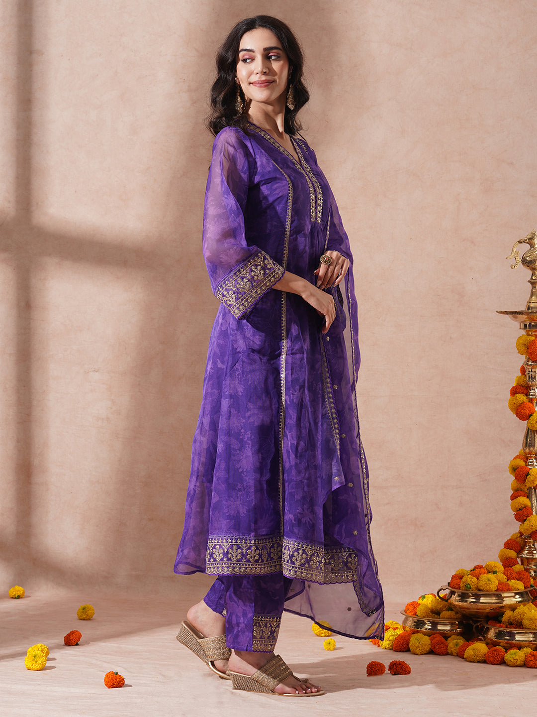 Abstract Floral Printed Embroidered A-Line Kurta with Pant and Dupatta - Purple