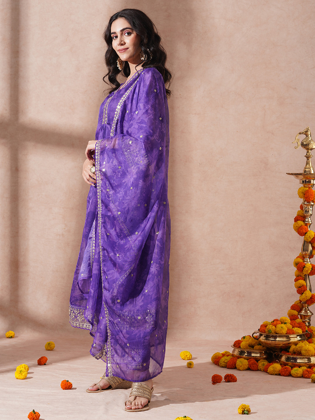 Abstract Floral Printed Embroidered A-Line Kurta with Pant and Dupatta - Purple