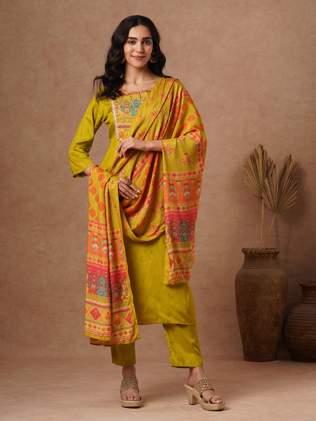 Solid Ethnic Embroidered Straight Fit Kurta with Pant and Printed Dupatta - Lime Green