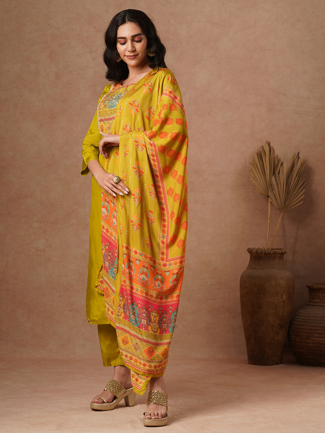 Solid Ethnic Embroidered Straight Fit Kurta with Pant and Printed Dupatta - Lime Green