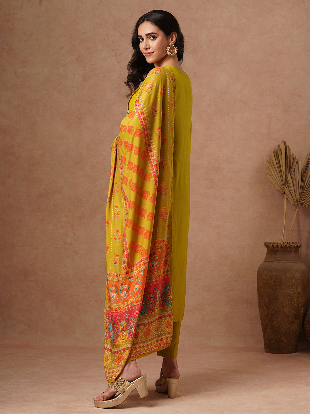 Solid Ethnic Embroidered Straight Fit Kurta with Pant and Printed Dupatta - Lime Green