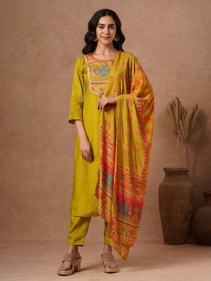 Solid Ethnic Embroidered Straight Fit Kurta with Pant and Printed Dupatta - Lime Green