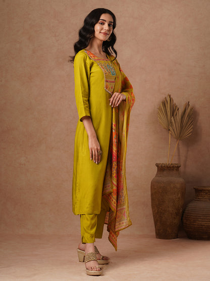 Solid Ethnic Embroidered Straight Fit Kurta with Pant and Printed Dupatta - Lime Green