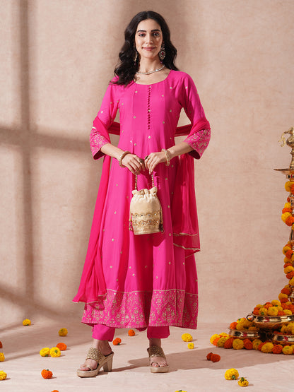 Solid Sequin Embroidered Anarkali Flared Kurta with Pant and Dupatta - Pink