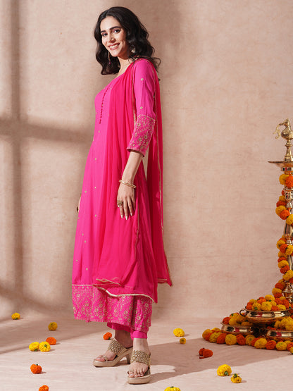 Solid Sequin Embroidered Anarkali Flared Kurta with Pant and Dupatta - Pink