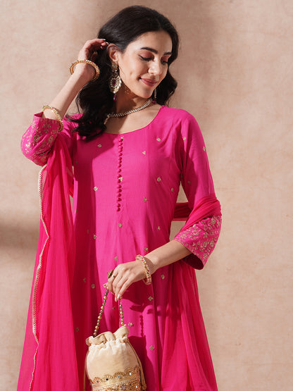 Solid Sequin Embroidered Anarkali Flared Kurta with Pant and Dupatta - Pink