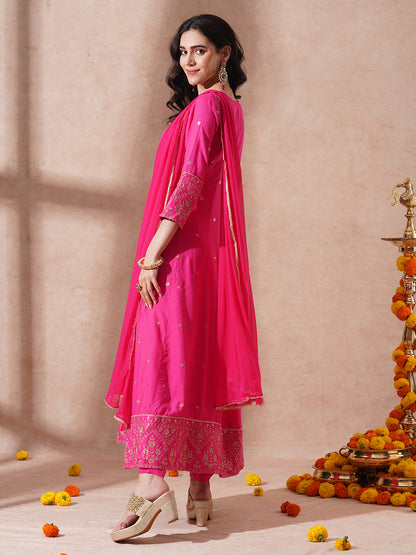 Solid Sequin Embroidered Anarkali Flared Kurta with Pant and Dupatta - Pink