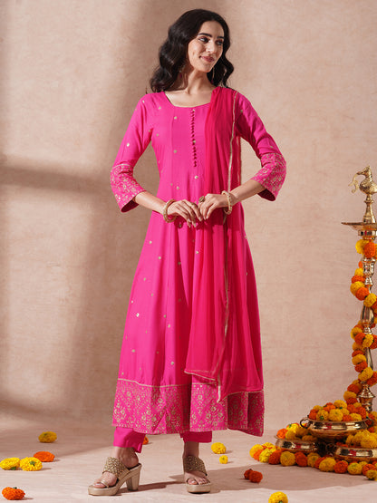 Solid Sequin Embroidered Anarkali Flared Kurta with Pant and Dupatta - Pink