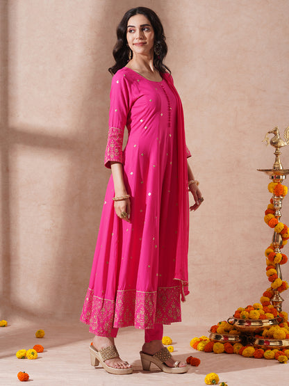 Solid Sequin Embroidered Anarkali Flared Kurta with Pant and Dupatta - Pink