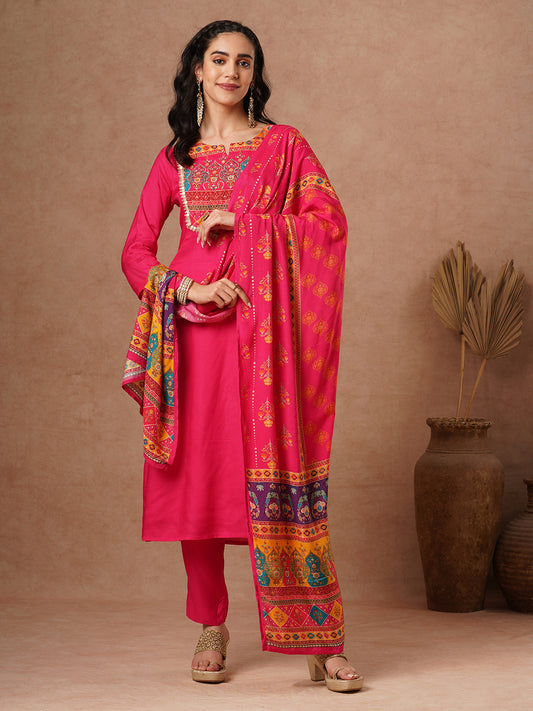 Solid Ethnic Embroidered Straight Fit Kurta with Pant and Printed Dupatta - Pink