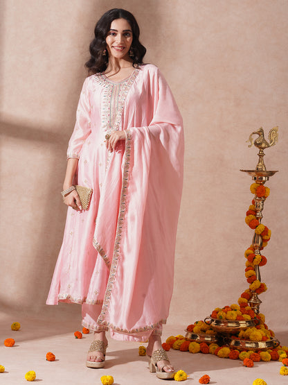 Ethnic Embroidered Anarkali Flared Kurta with Pant and Dupatta - Pink