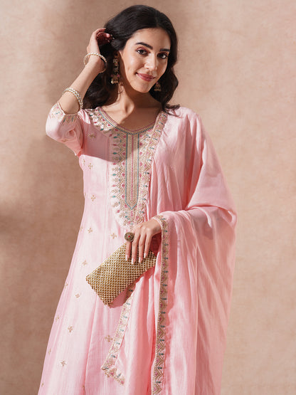 Ethnic Embroidered Anarkali Flared Kurta with Pant and Dupatta - Pink