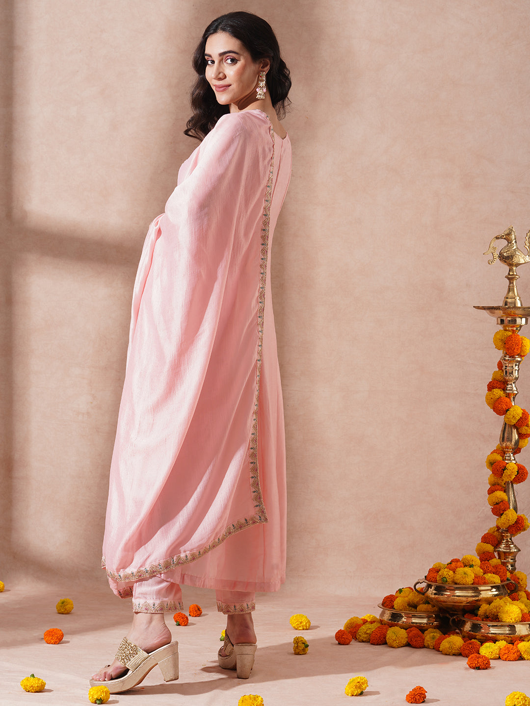 Ethnic Embroidered Anarkali Flared Kurta with Pant and Dupatta - Pink