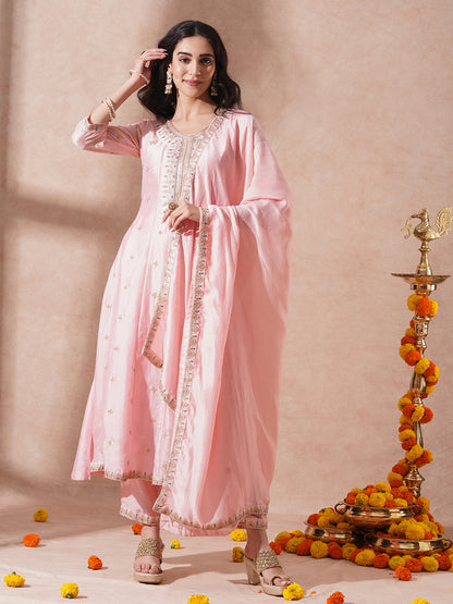 Ethnic Embroidered Anarkali Flared Kurta with Pant and Dupatta - Pink