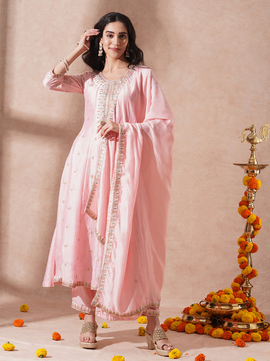 Ethnic Embroidered Anarkali Flared Kurta with Pant and Dupatta - Pink