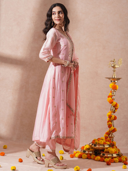 Ethnic Embroidered Anarkali Flared Kurta with Pant and Dupatta - Pink