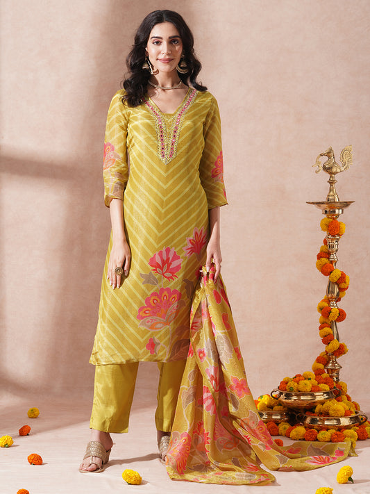 Floral Printed & Embroidered Straight Fit Kurta with Pant & Dupatta - Mustard Green