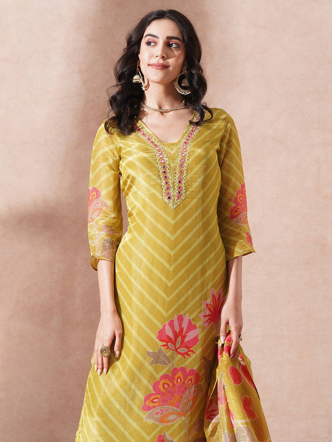 Floral Printed & Embroidered Straight Fit Kurta with Pant & Dupatta - Mustard Green