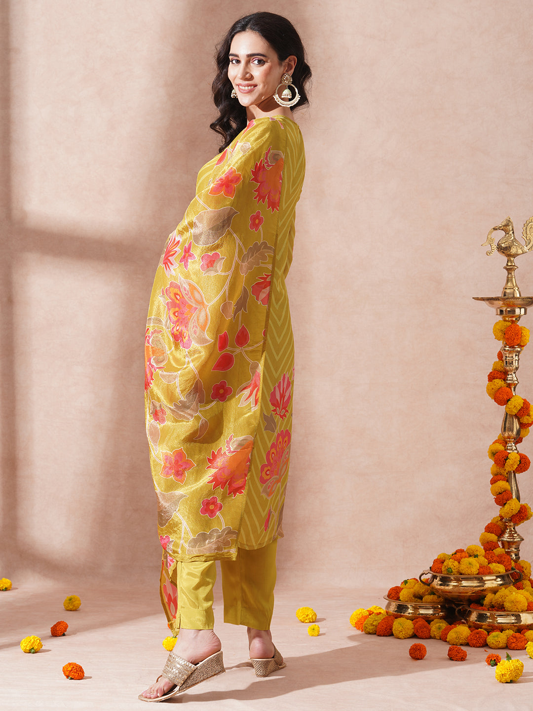 Floral Printed & Embroidered Straight Fit Kurta with Pant & Dupatta - Mustard Green