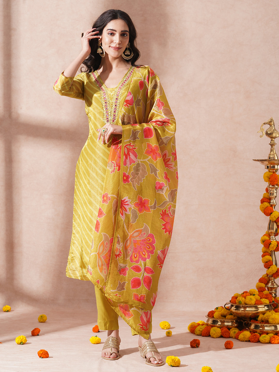 Floral Printed & Embroidered Straight Fit Kurta with Pant & Dupatta - Mustard Green