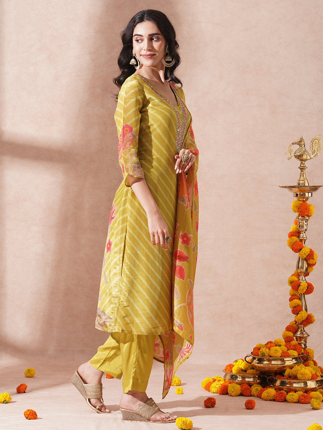 Floral Printed & Embroidered Straight Fit Kurta with Pant & Dupatta - Mustard Green