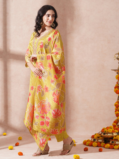 Floral Printed & Embroidered Straight Fit Kurta with Pant & Dupatta - Mustard Green