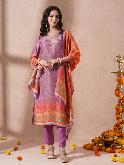 Ethnic Printed & Embroidered Straight Tissue Kurta with Pant and Dupatta - Purple