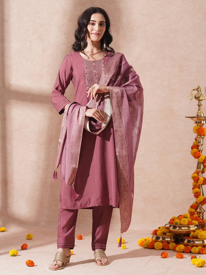 Solid Ethnic Embroidered Straight Fit Kurta with Pant and Dupatta - Mauve