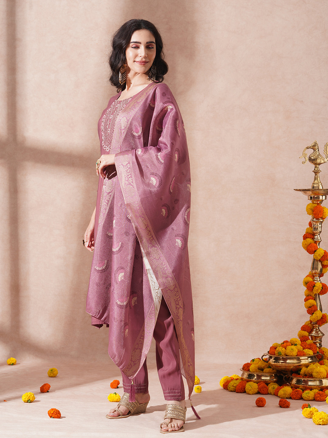 Solid Ethnic Embroidered Straight Fit Kurta with Pant and Dupatta - Mauve