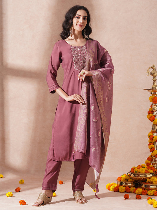 Solid Ethnic Embroidered Straight Fit Kurta with Pant and Dupatta - Mauve