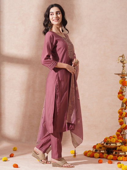 Solid Ethnic Embroidered Straight Fit Kurta with Pant and Dupatta - Mauve