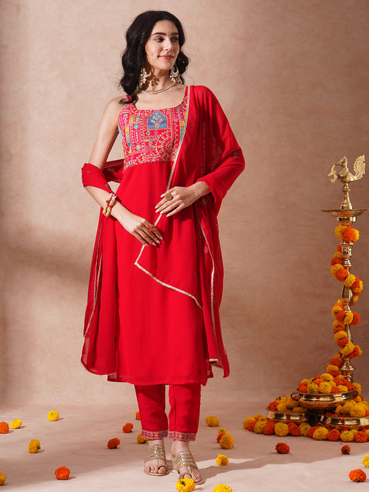 Solid Ethnic Embroidered Straight Fit Kurta with Pant and Dupatta - Red