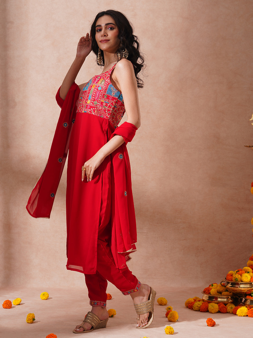 Solid Ethnic Embroidered Straight Fit Kurta with Pant and Dupatta - Red