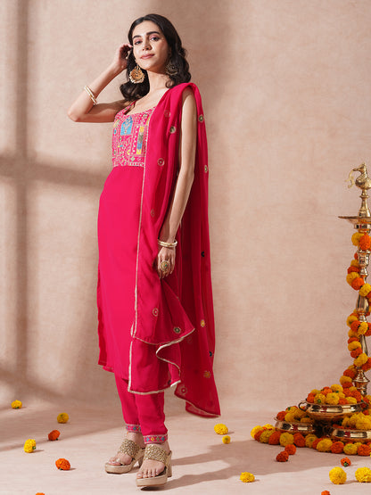 Solid Ethnic Embroidered Straight Fit Kurta with Pant and Dupatta - Pink