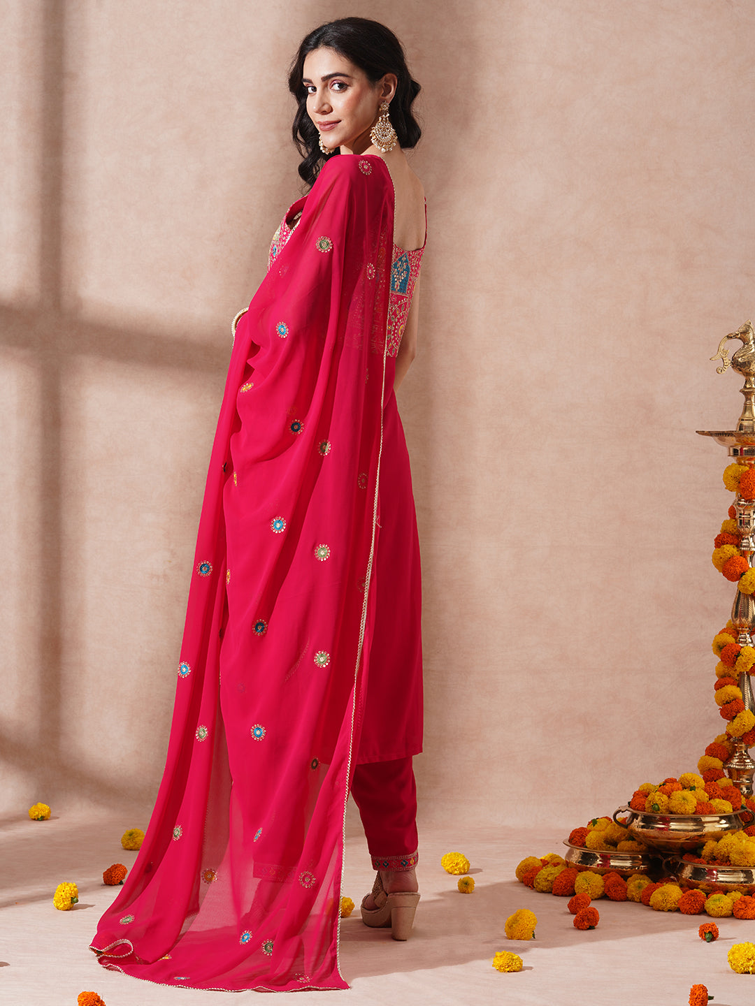 Solid Ethnic Embroidered Straight Fit Kurta with Pant and Dupatta - Pink