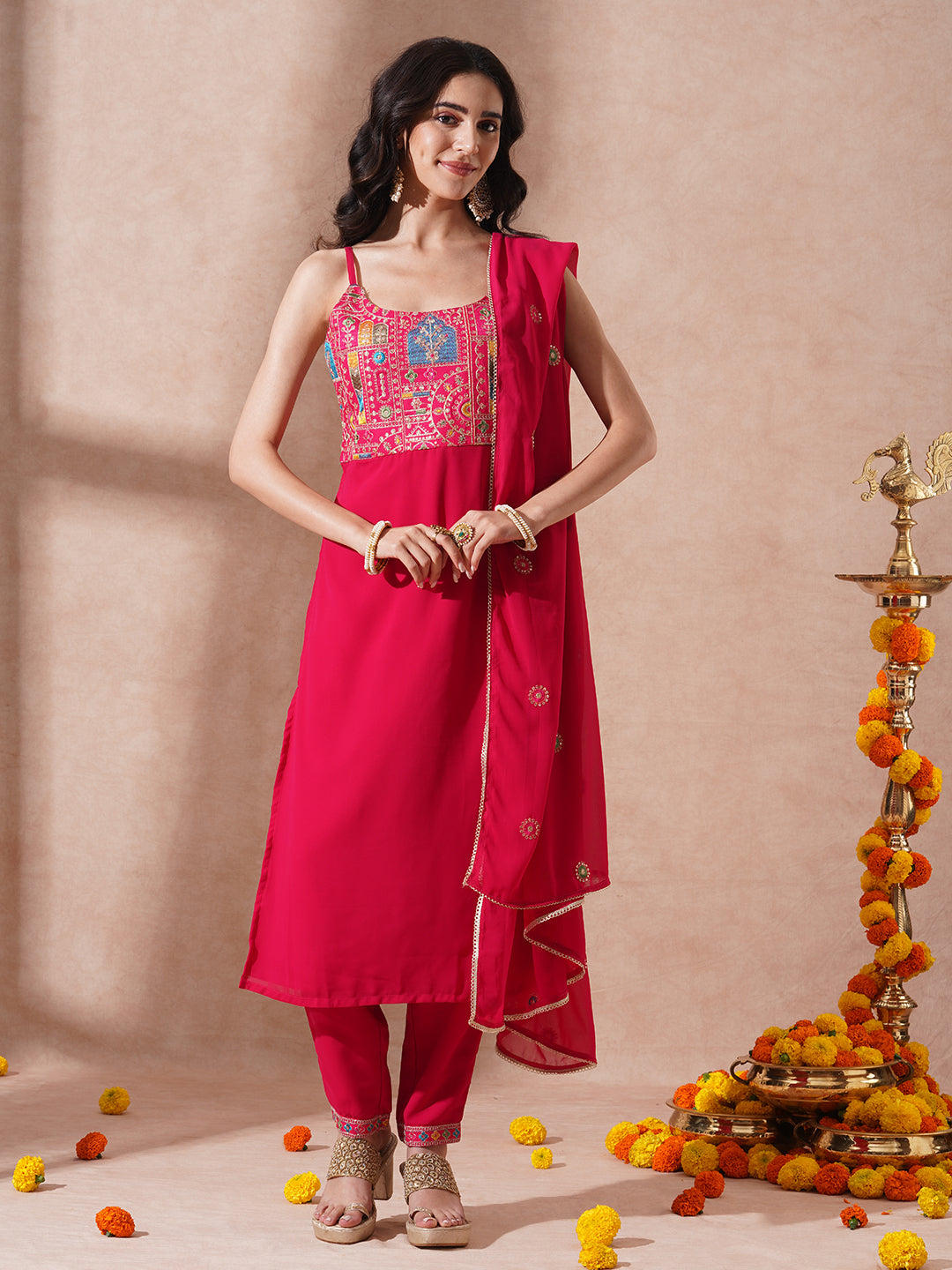 Solid Ethnic Embroidered Straight Fit Kurta with Pant and Dupatta - Pink