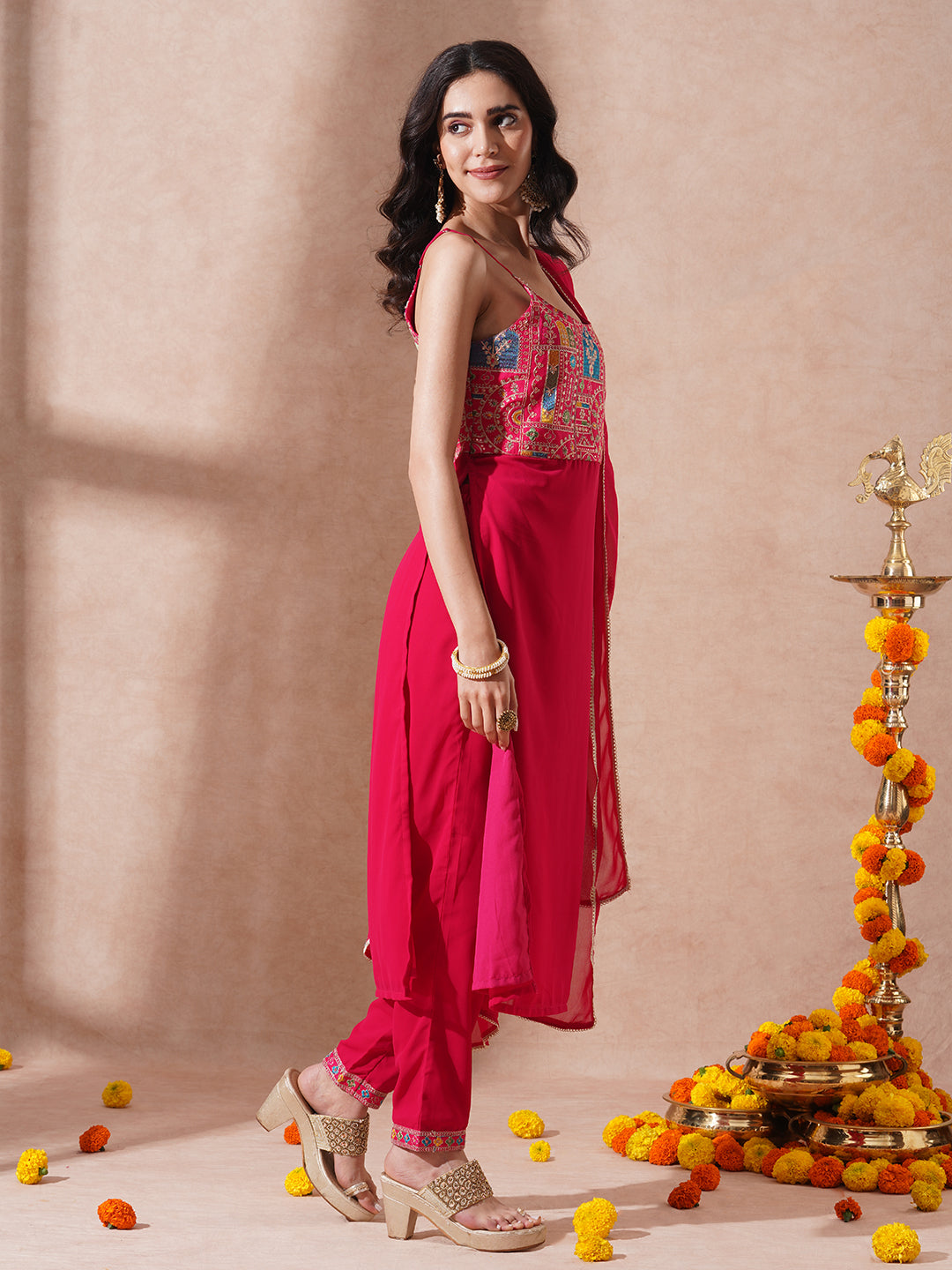 Solid Ethnic Embroidered Straight Fit Kurta with Pant and Dupatta - Pink