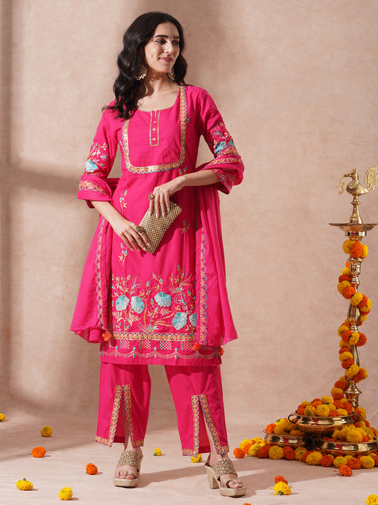 Solid Ethnic Sequin Embroidered Straight Fit Kurta with Pant and Dupatta - Pink