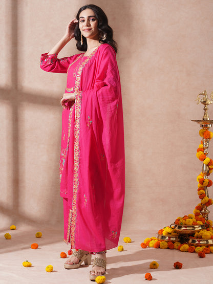 Solid Ethnic Sequin Embroidered Straight Fit Kurta with Pant and Dupatta - Pink