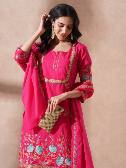 Solid Ethnic Sequin Embroidered Straight Fit Kurta with Pant and Dupatta - Pink