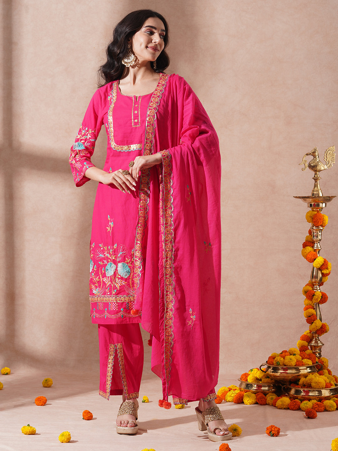 Solid Ethnic Sequin Embroidered Straight Fit Kurta with Pant and Dupatta - Pink