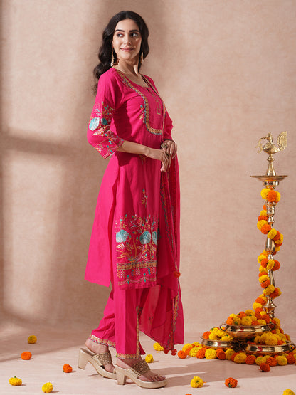 Solid Ethnic Sequin Embroidered Straight Fit Kurta with Pant and Dupatta - Pink